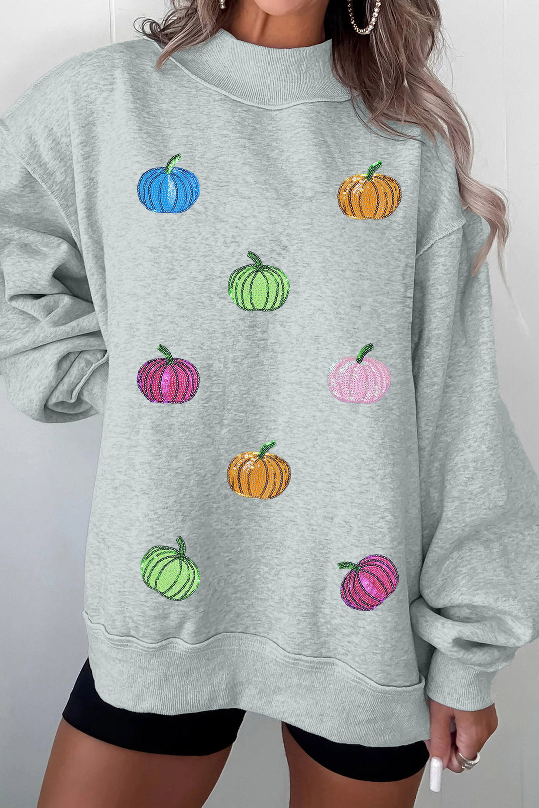 Casual Gray Sequin Pumpkin Patch Mock Neck Baggy Sweatshirt