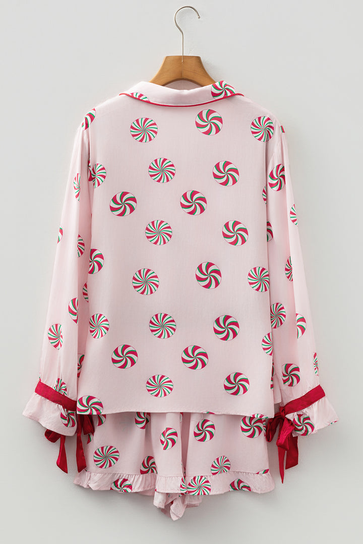 Pink Christmas Candy Contrast Trim Bow Knot Silky 2pcs Pajama Set