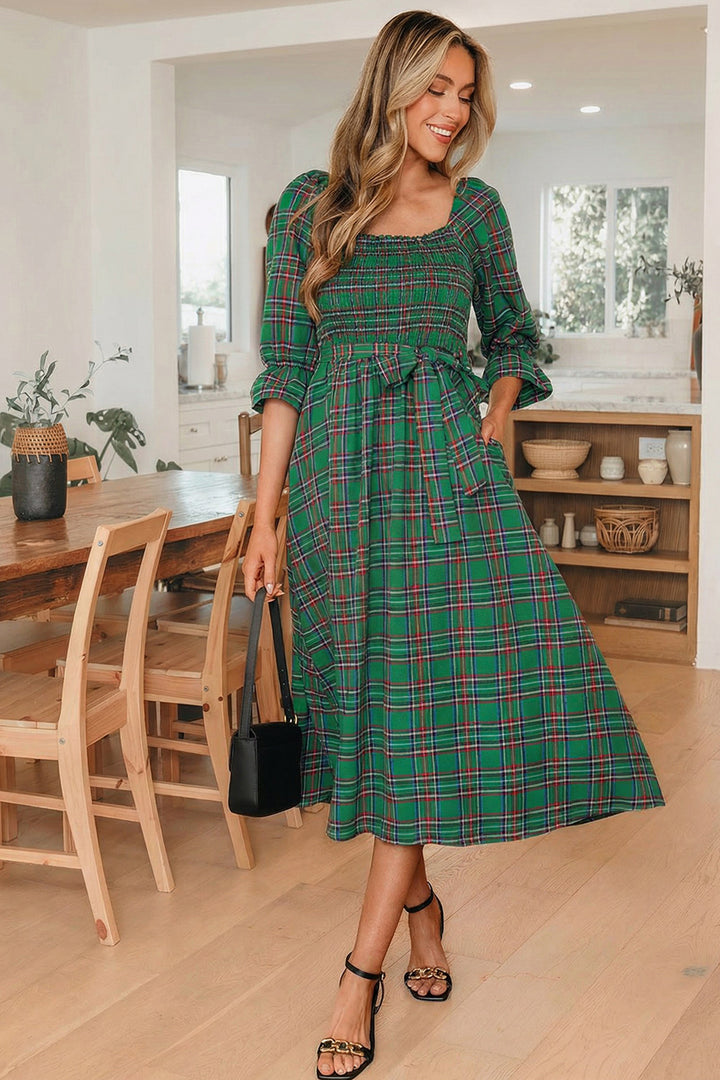 Green Tartan Plaid Square Neck Knot Waist Flared Midi Dress