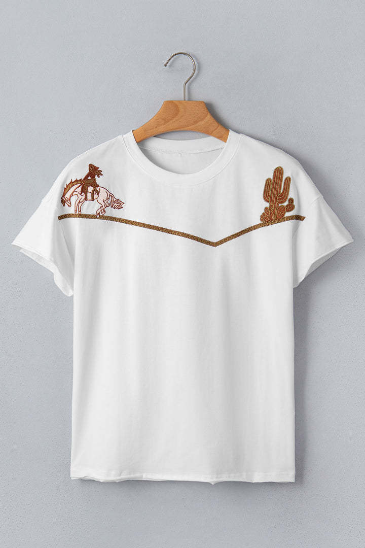 White Western Fashion Embroidered Casual Tee
