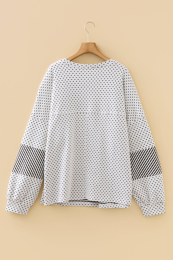 Beige Plus Size Dot Print Striped Patchwork Long Sleeve Henley Top