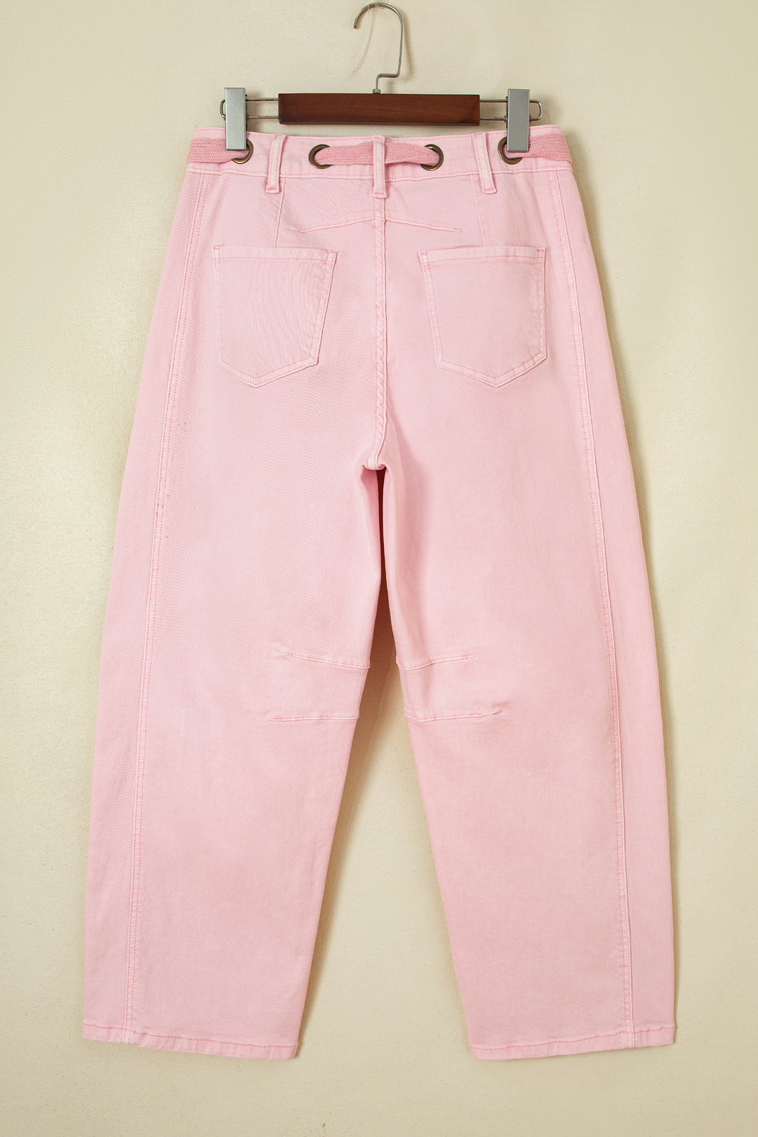 Light Pink Solid Color Grommet Detail Knot Waist Barrel Jeans