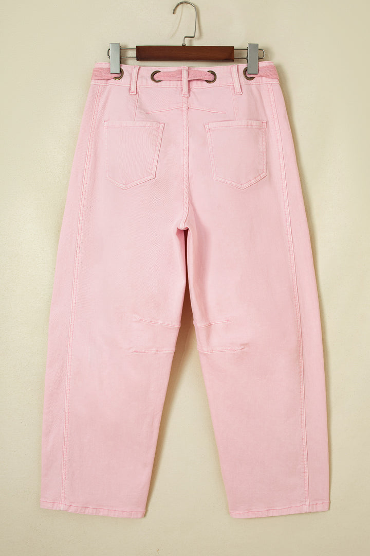 Light Pink Solid Color Grommet Detail Knot Waist Barrel Jeans