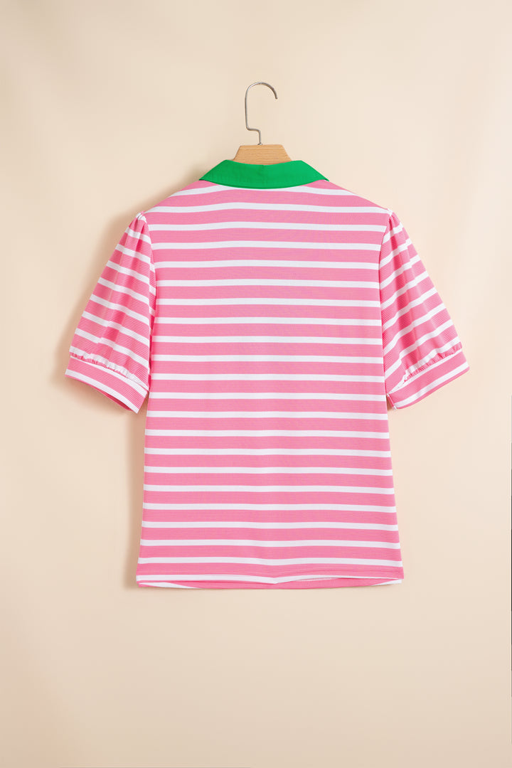 Pink Stripe Short Puff Sleeve Color Block Polo Collar Blouse