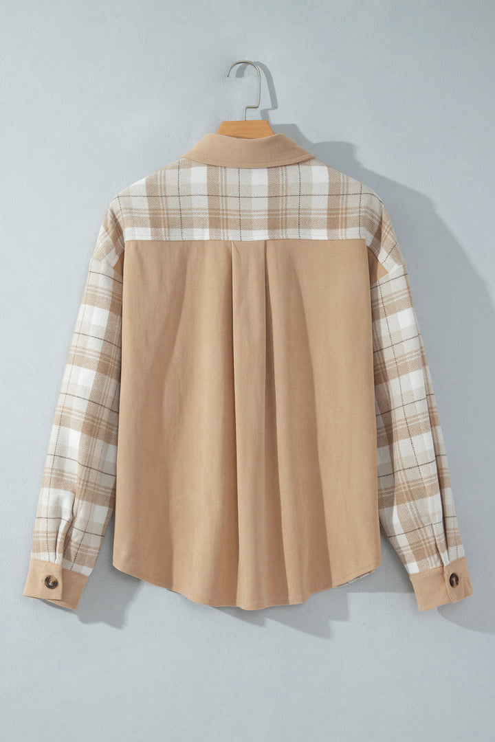 Light French Beige Plaid Colorblock Shirt Collar Shift Shacket