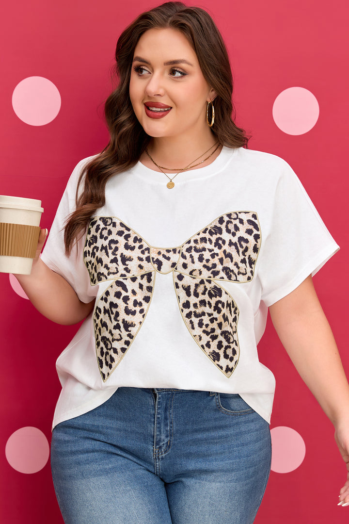 White Plus Size Leopard Bow Embroidered Patch Casual Cotton T Shirt