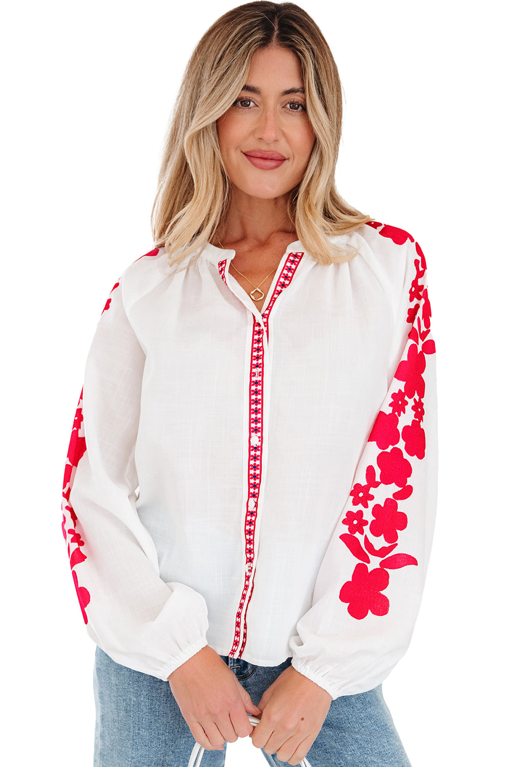 Floral Embroidered Puff Long Sleeve Casual Shirt
