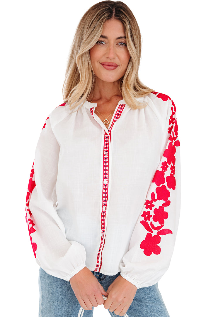 Floral Embroidered Puff Long Sleeve Casual Shirt