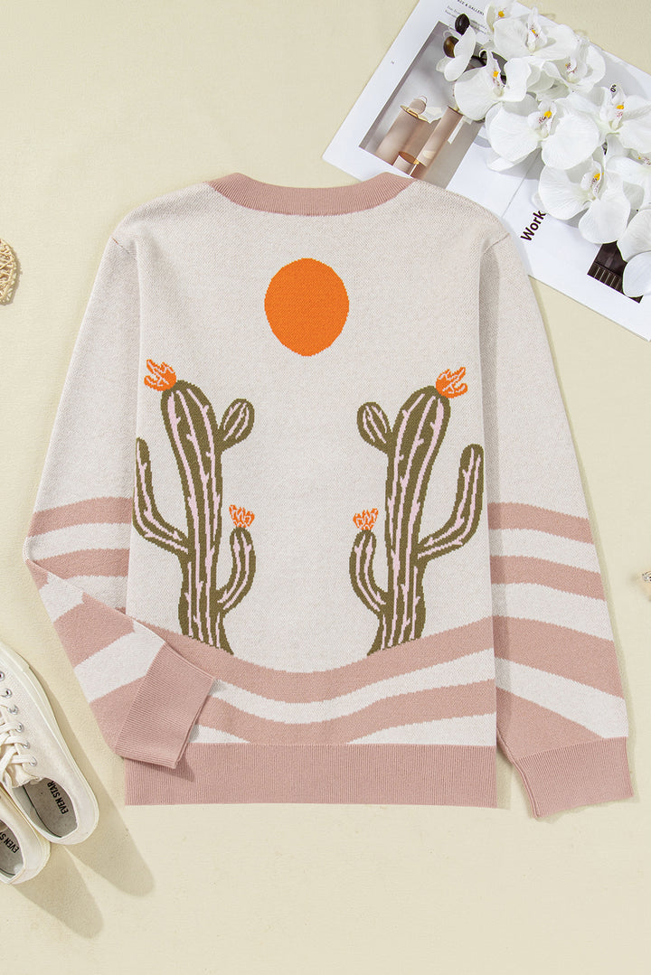 Apricot Western Desert Cactus Print Plus Size Button Cardigan Sweater
