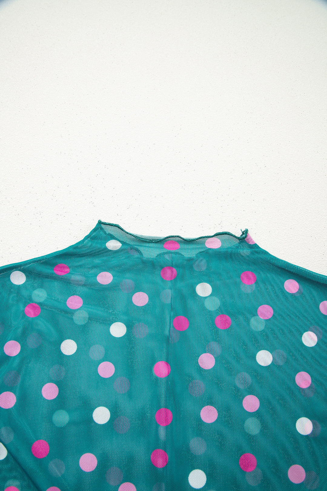 Green Polka Dot Patterned Bodycon Mock Neck Mesh Long Sleeve Top