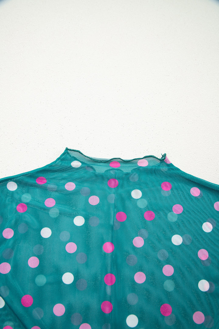 Green Polka Dot Patterned Bodycon Mock Neck Mesh Long Sleeve Top