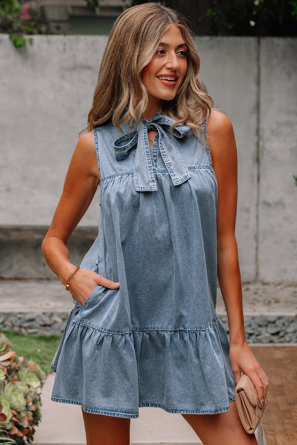 Bowknot Neck Sleeveless Ruffled Chambray Dress