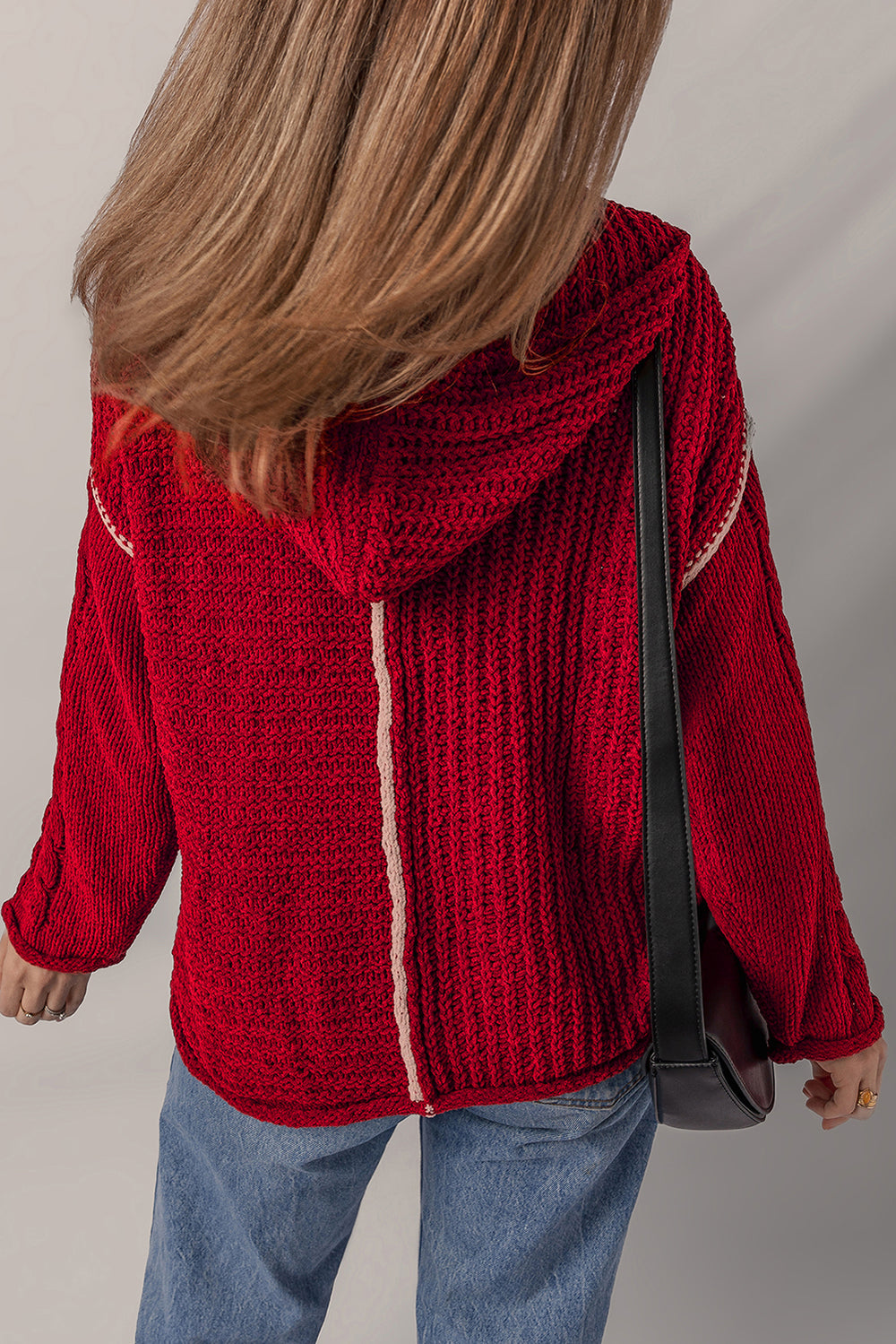 Color Contrast Trim Textured Knit Drawstring Hooded Sweater