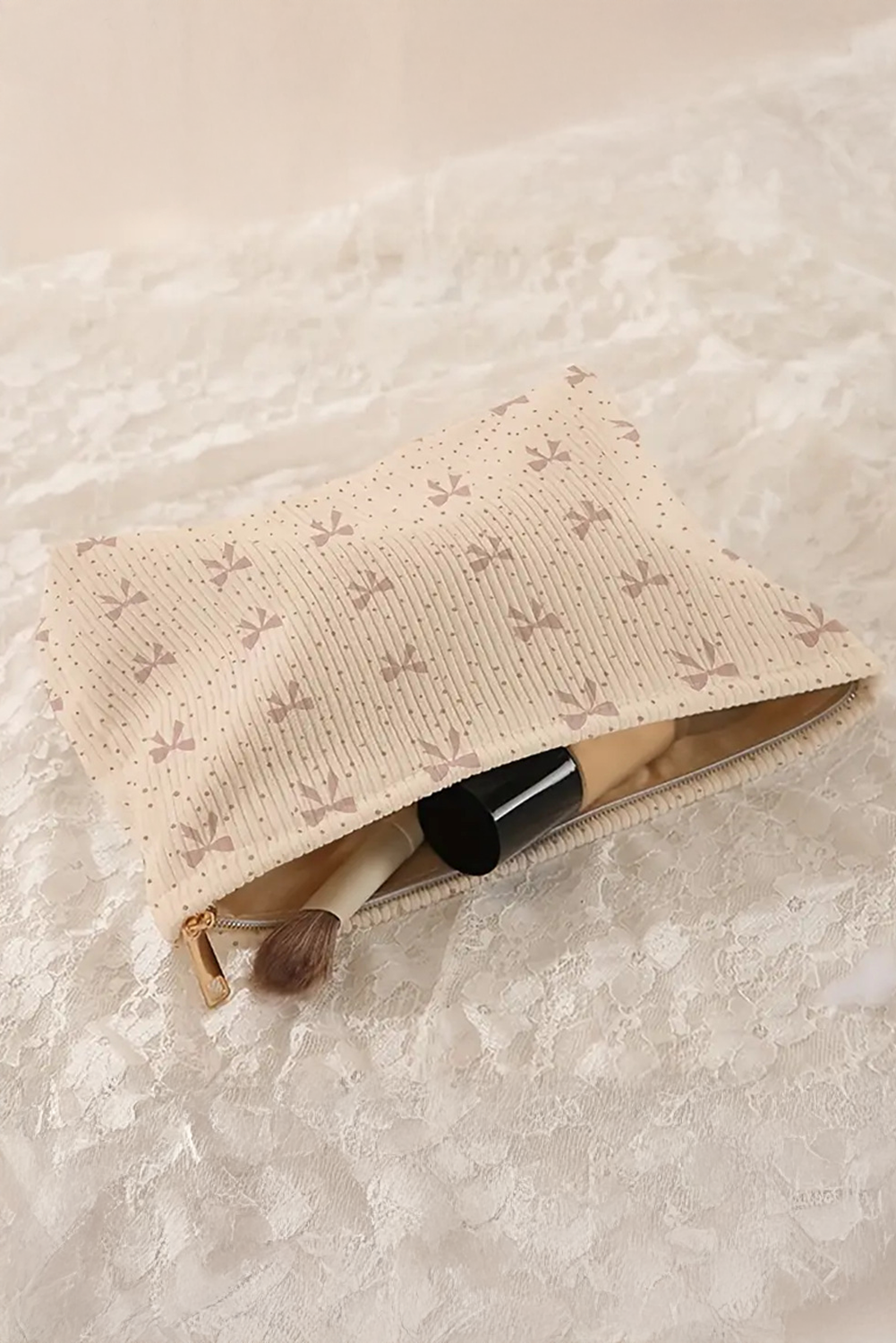 Bow Knot Dot Print Zipper Corduroy Cosmetic Bag