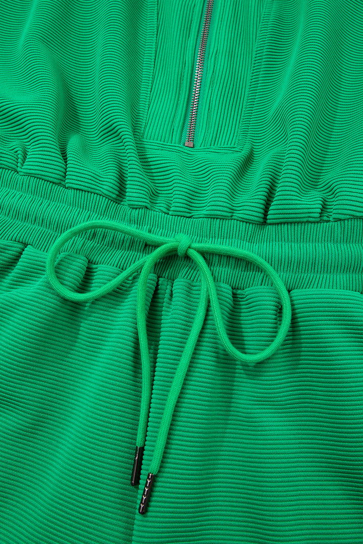 Bright Green Textured Short Sleeve Half Zip Drawstring Elastic Waistband Romper