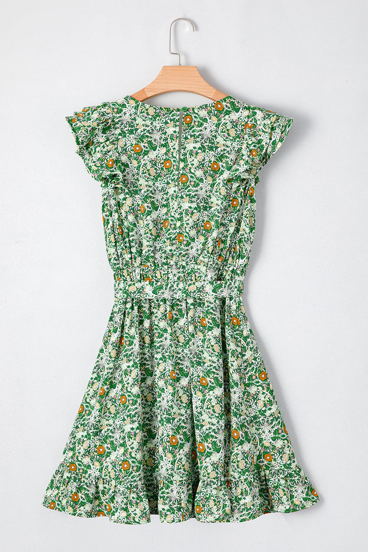Flower Print Flutter Sleeve V Neck Sashed Ruffled Mini Dress