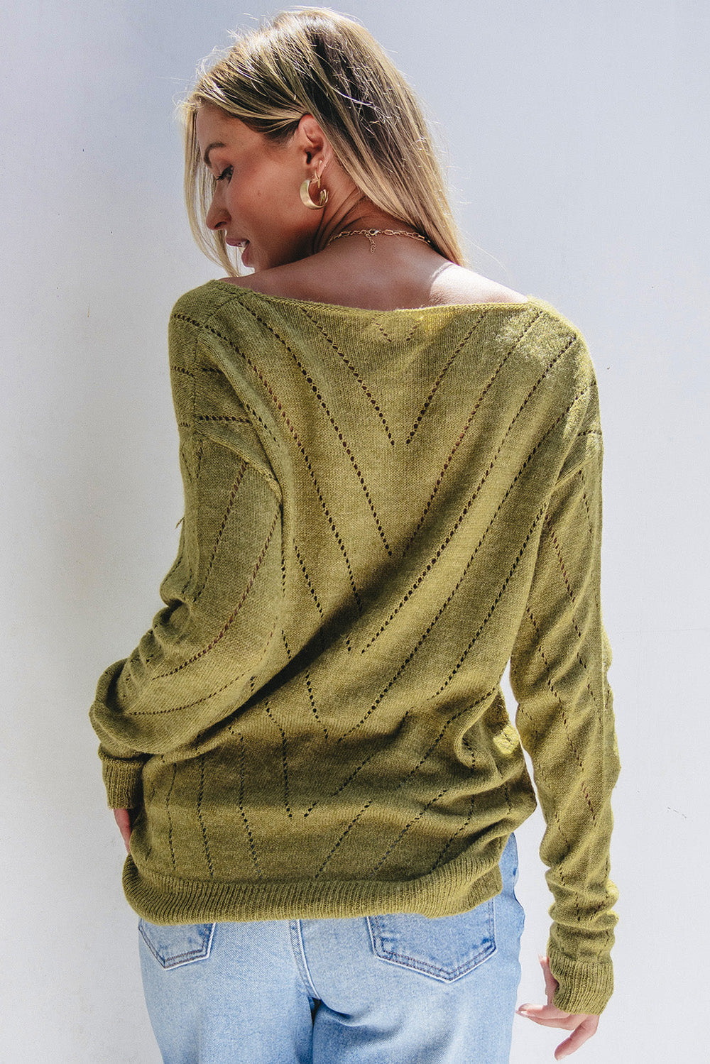 Solid Eyelet Drop Shoulder V Neck Sweater