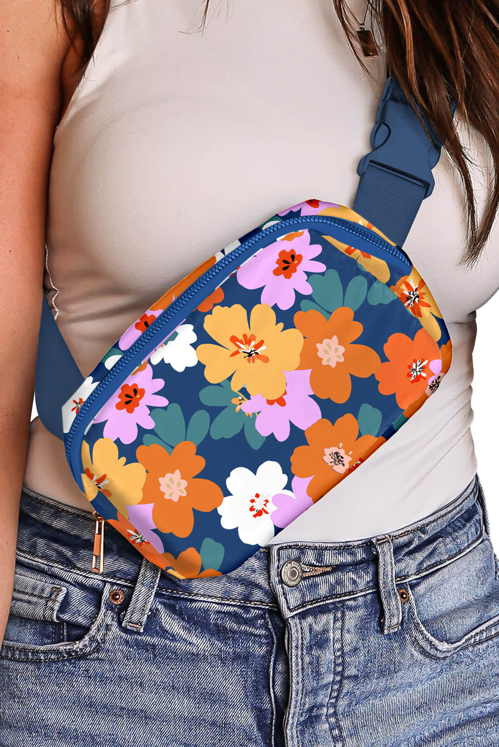 Flower Print Zipper Buckle Wide Strap Sling Bag