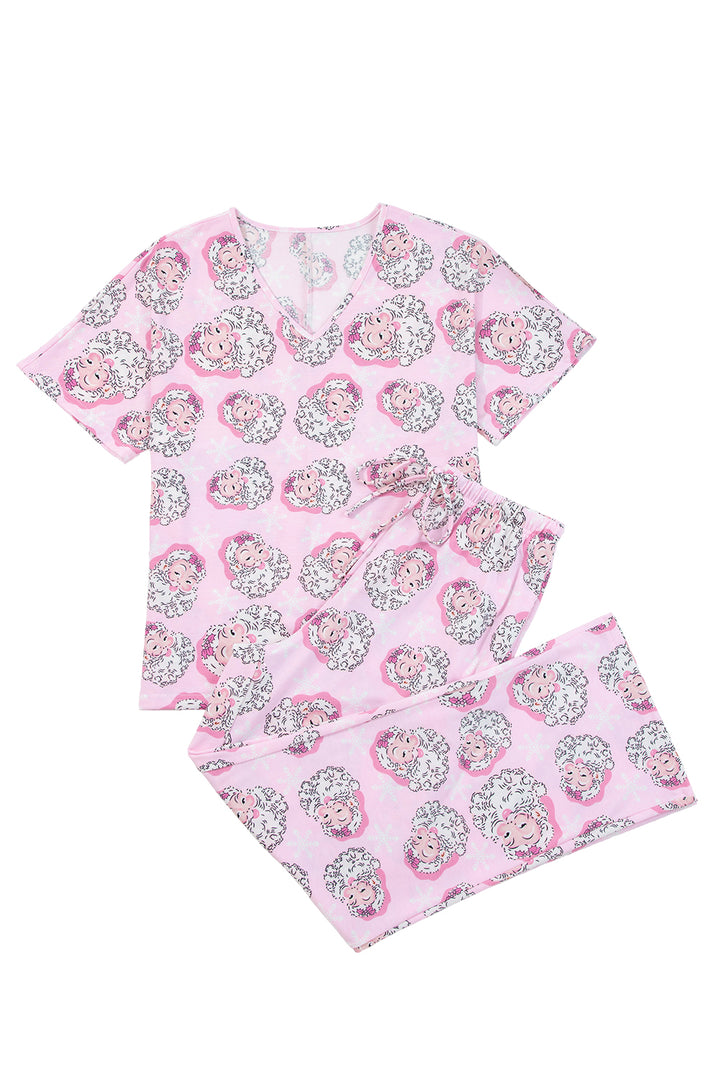 Pink Santa Claus Print V Neck Tee Drawstring Pants 2pcs Lounge Set