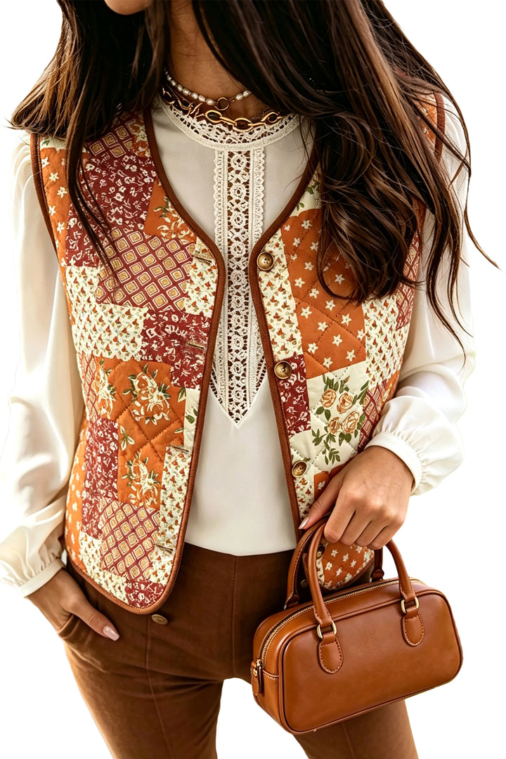 Golden Fleece Quilted Floral Patchwork Contrast Trim Button Vest