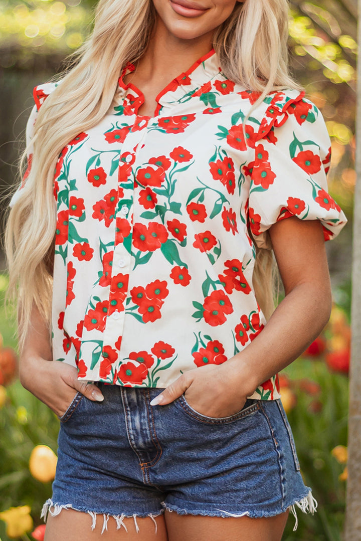 floral print ruffled puff sleeve elegant summer shirt