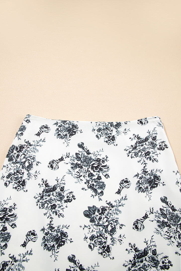 White Black Boho Floral High Waist Ruffle Split Maxi Skirt