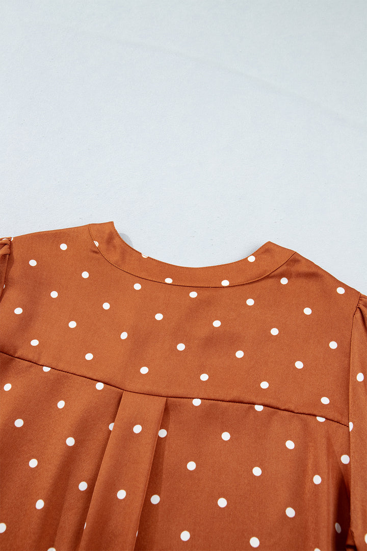 Brown Polka Dot V Neck Long Sleeve Blouse