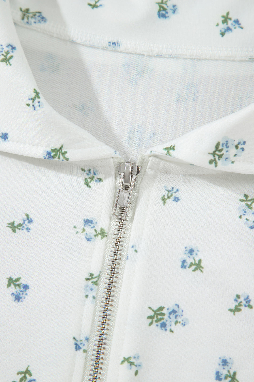 White Floral Print Half Zip Top Matching Short Set