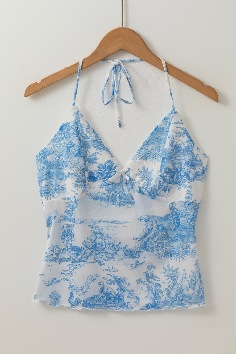 random printed mesh bow detail halterneck tank top