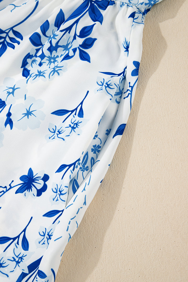 Sky Blue Floral Print Sweetheart Neck Plus Size Midi Dress