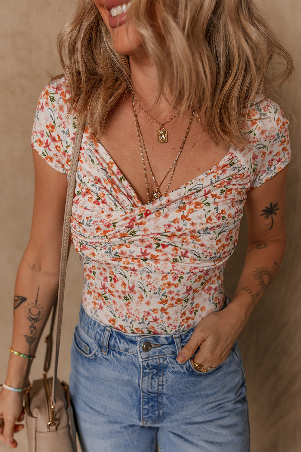 Short Sleeve Floral Ruched Sweetheart Bodysuit