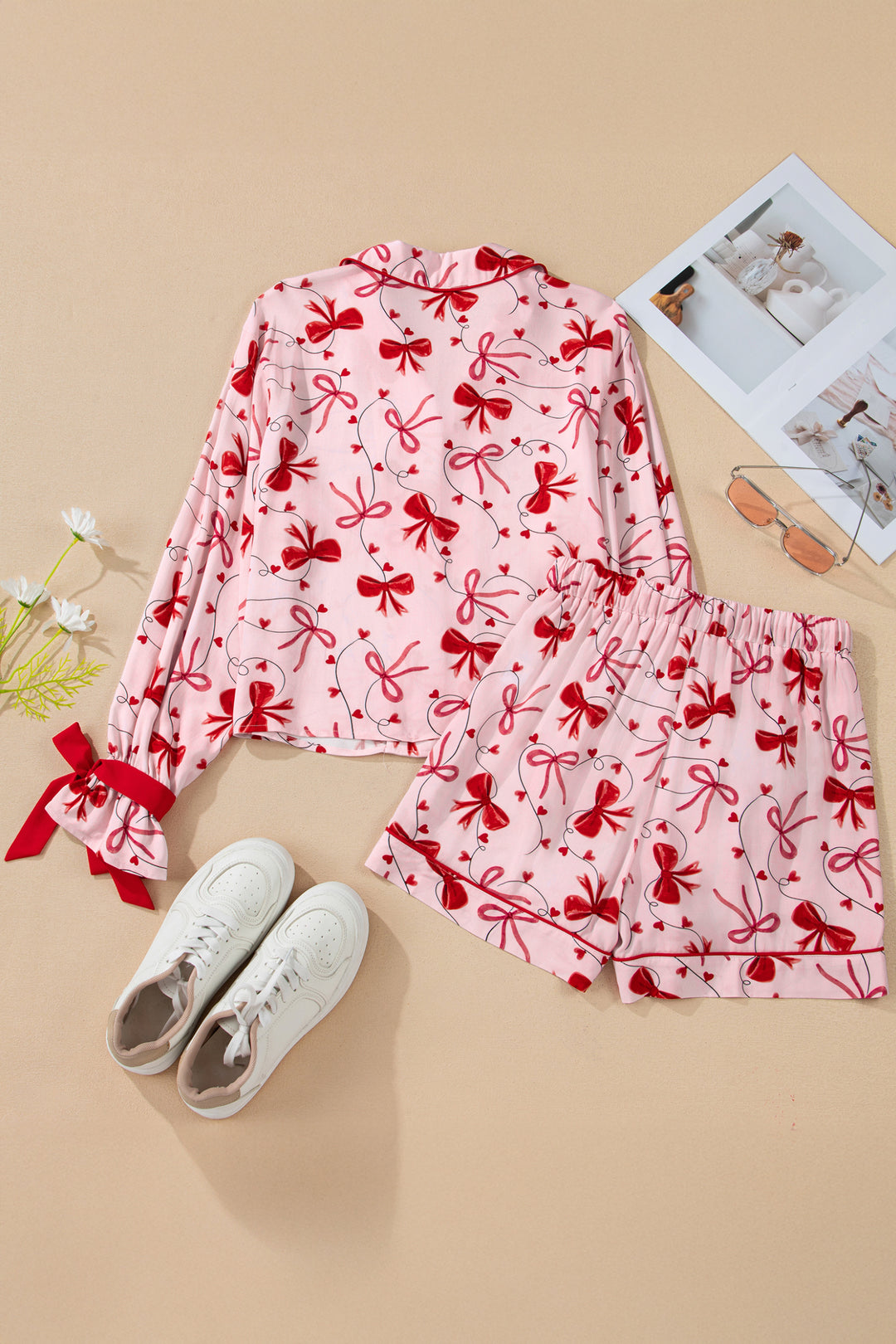 Red Bow Print Valentine Long Sleeve Shirt Shorts 2 Pcs Pajama Set