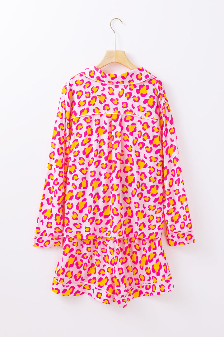 leopard print long sleeve shirt and shorts pajama set