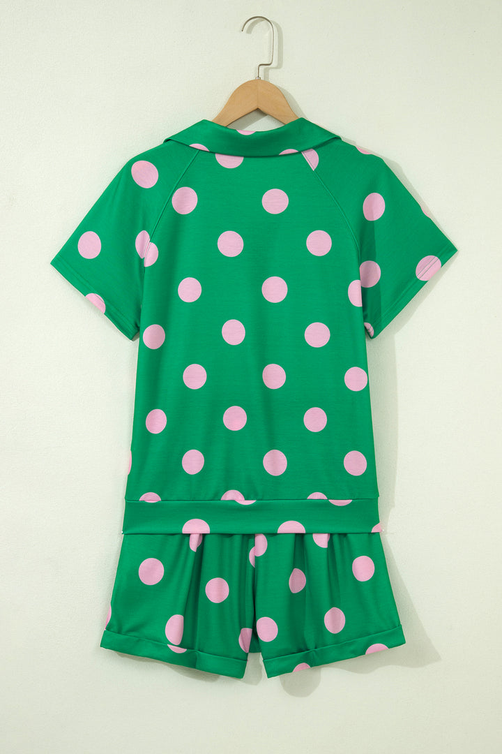 Green Polka Dot Print V Neck Tee Short Set