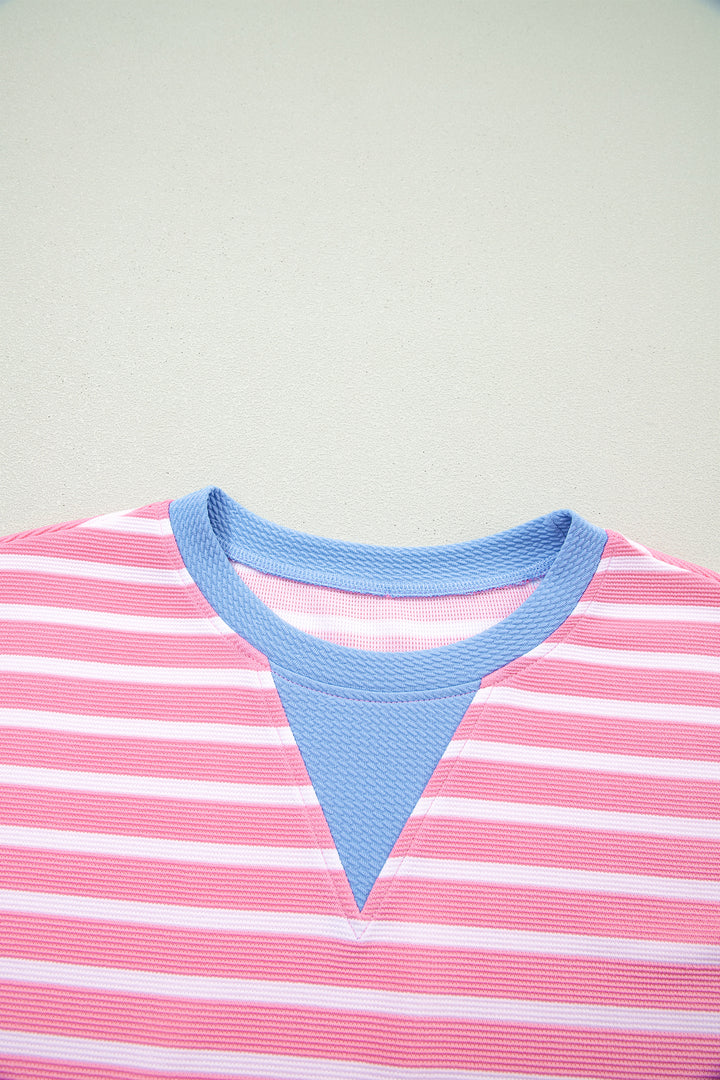 Pink Stripe Contrast Trim Loose Short Sleeve Top