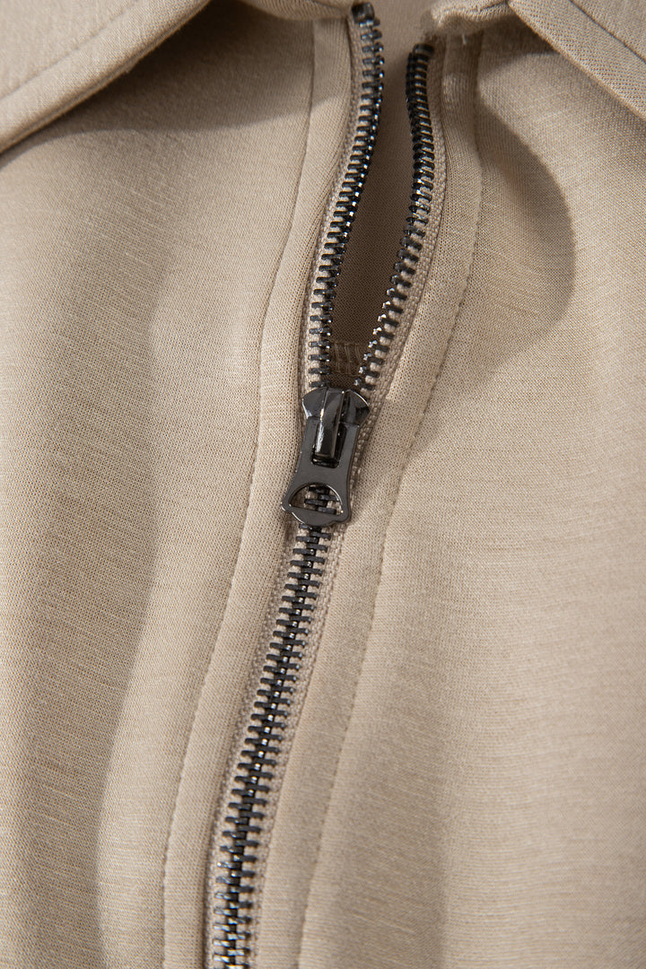 Dark Khaki Solid Color Zip Front Short Sleeve Collared Jumpsuit