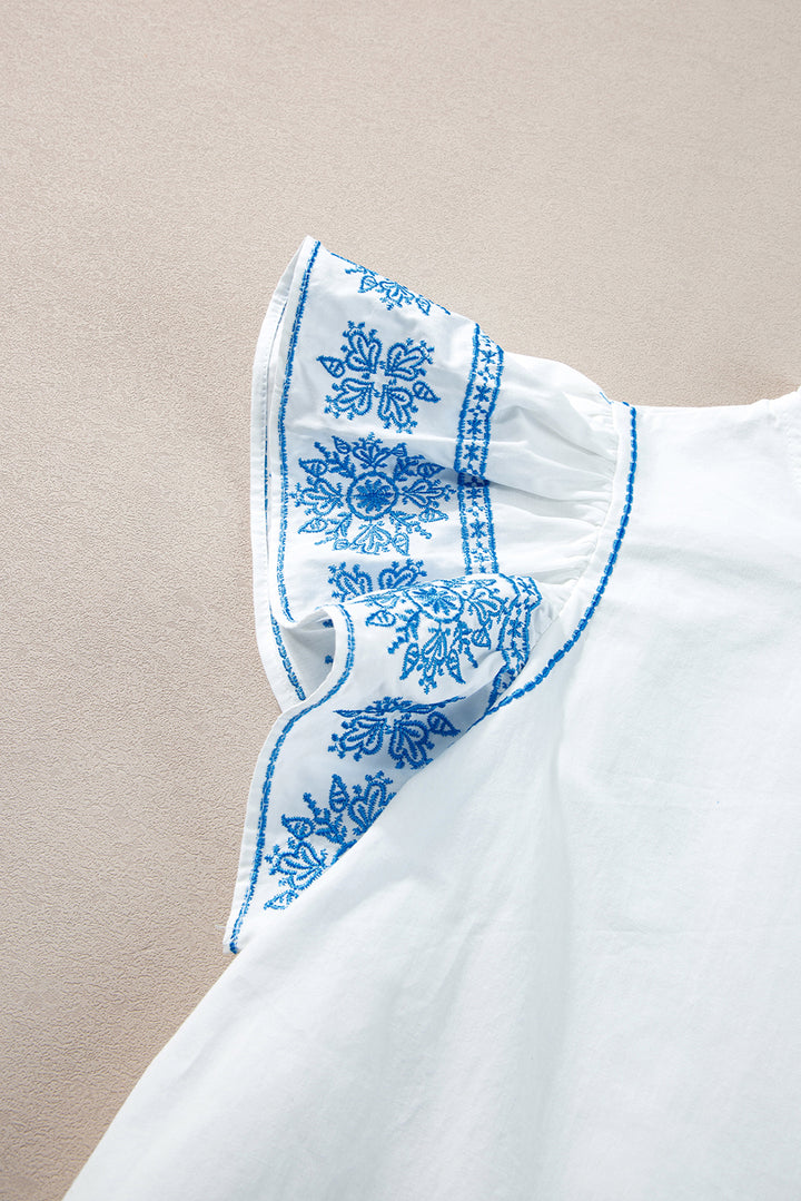 Embroidered Ruffled Sleeve Frilled Collar Blouse