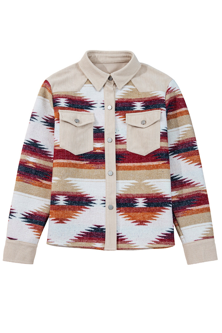 Multicolour Western Aztec Ribbed Patchwork Double Flap Pocket Raw Hem Shacket
