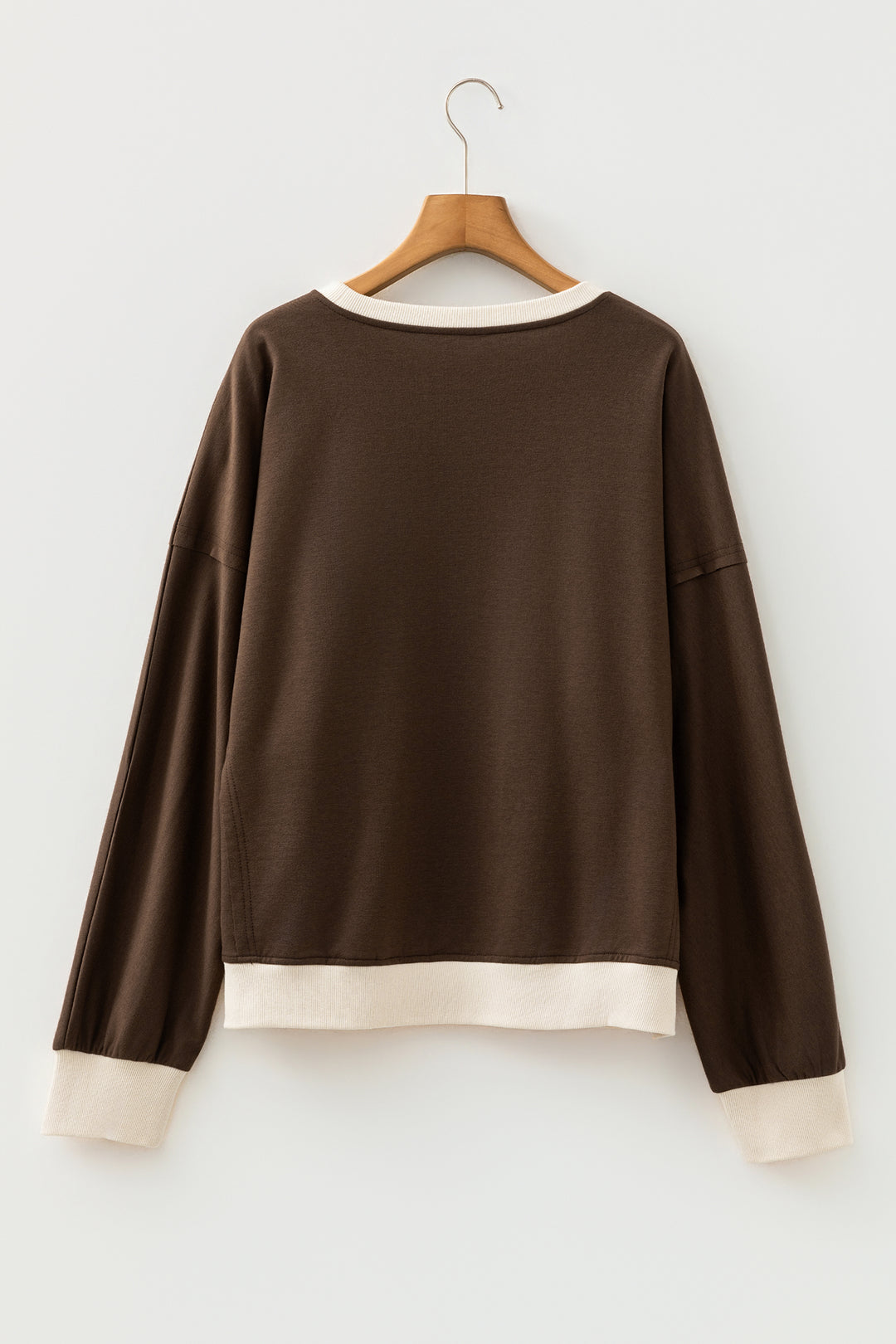 Coffee Raw Edge Flower Patch Drop Shoulder Casual Top