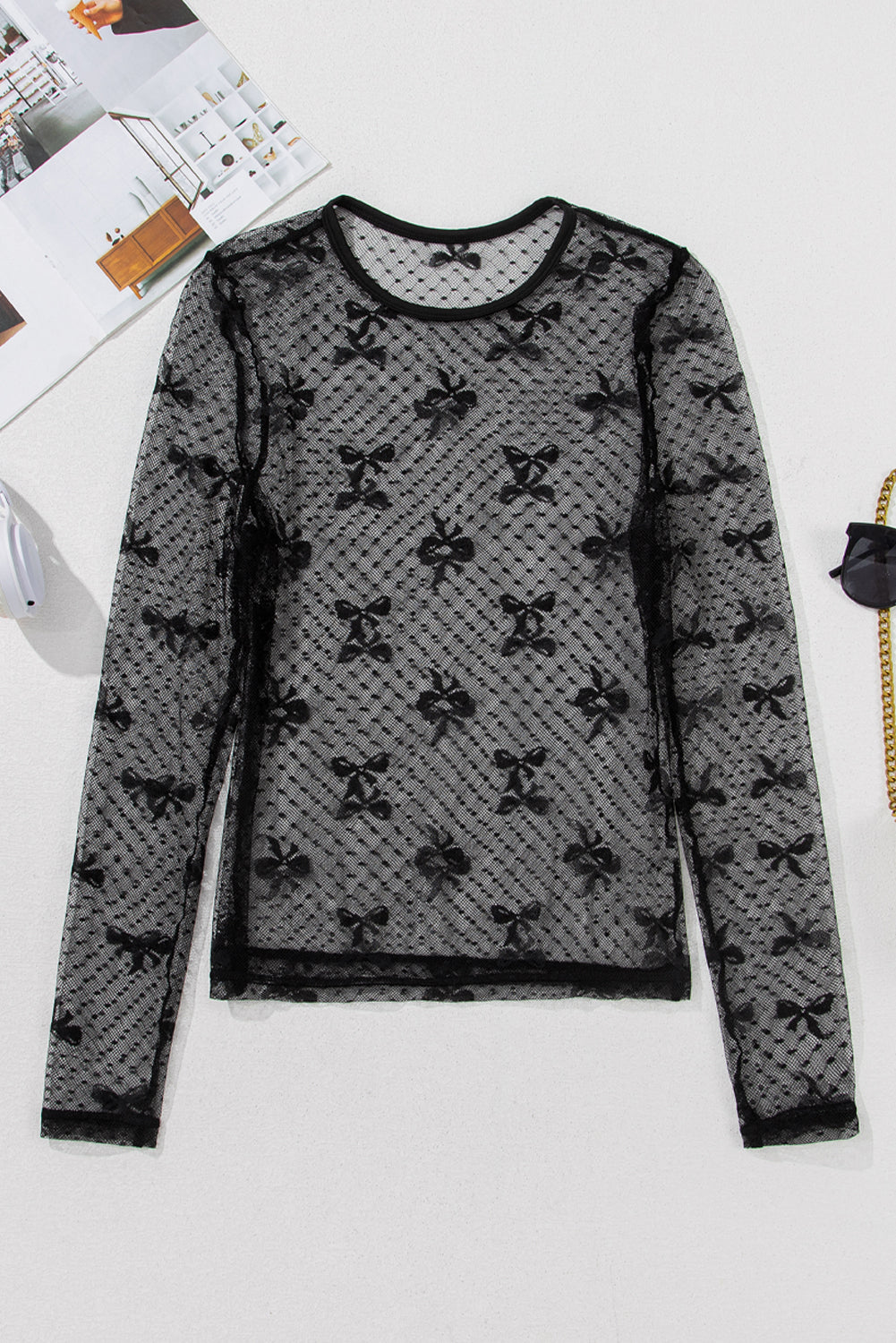 Bow Pattern Accent Mesh Long Sleeve Top