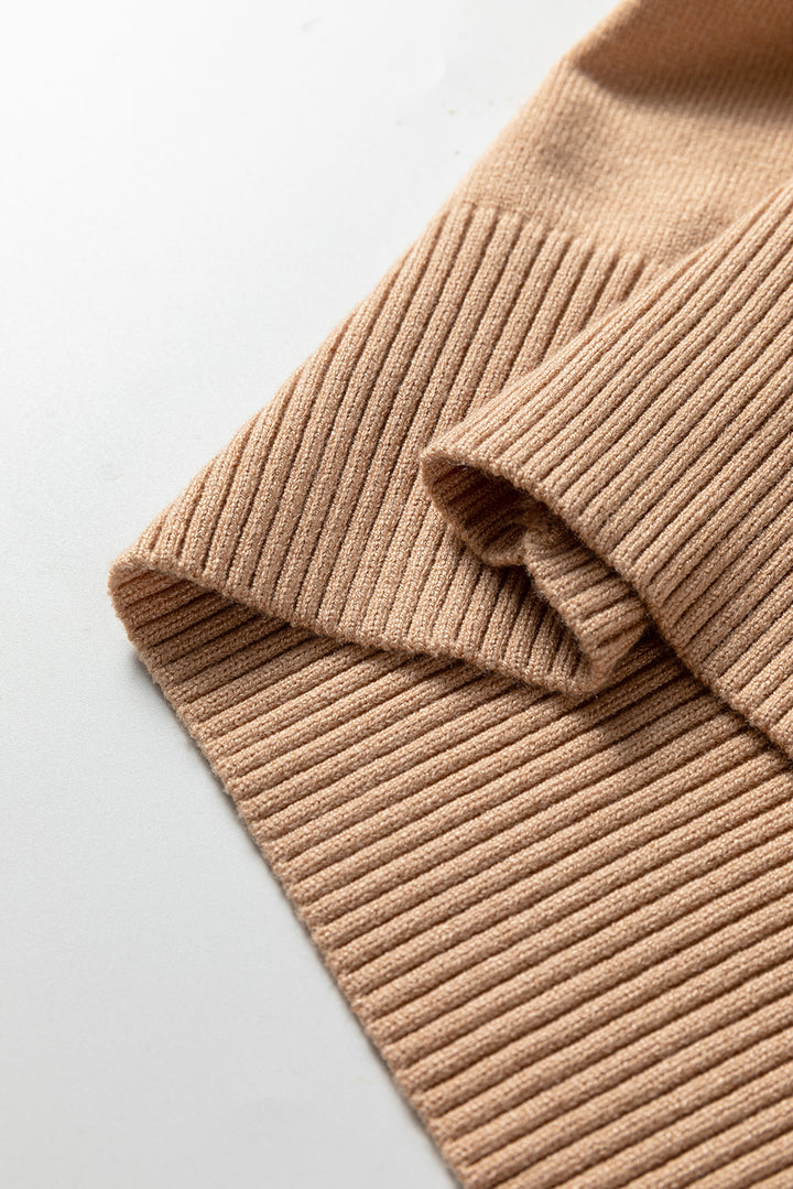 Light French Beige Solid Color Knit Short Puff Sleeve Sweater