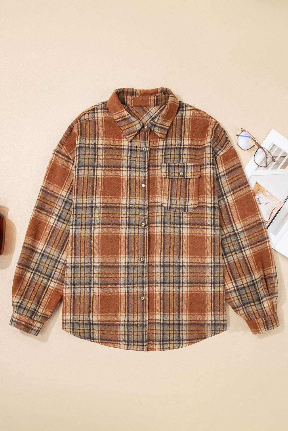 Brown Plaid Print Flap Pocket Plus Size Shacket