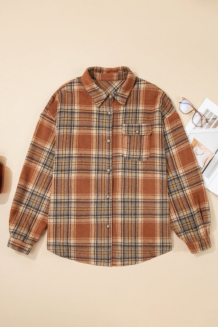 Brown Plaid Print Flap Pocket Plus Size Shacket