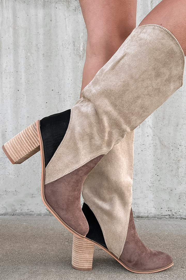 Suede Calf Length Chunky Heel Boots