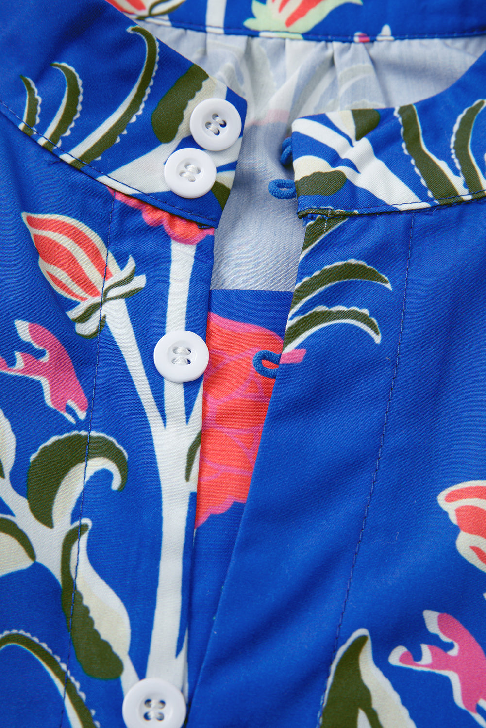 Blue Floral Print Button Detail 3/4 Puff Sleeve Ruffle Hem Dress