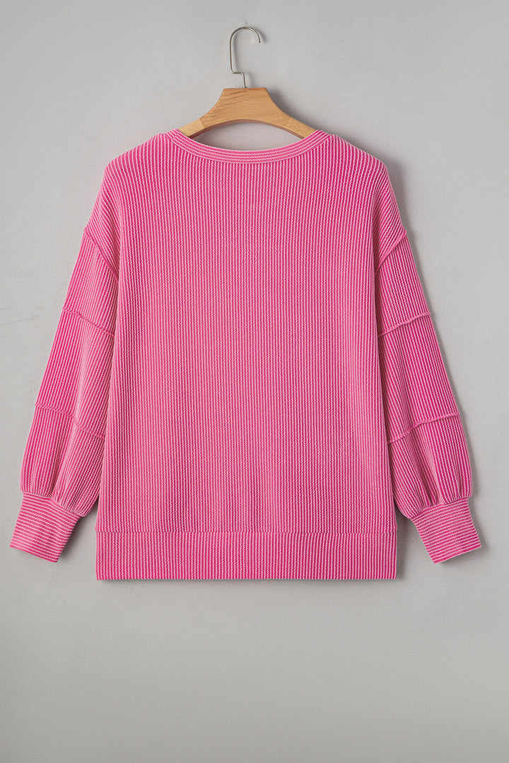 Bonbon Spiral Ribbed Exposed Seam Detail Plus Size Long Sleeve Top