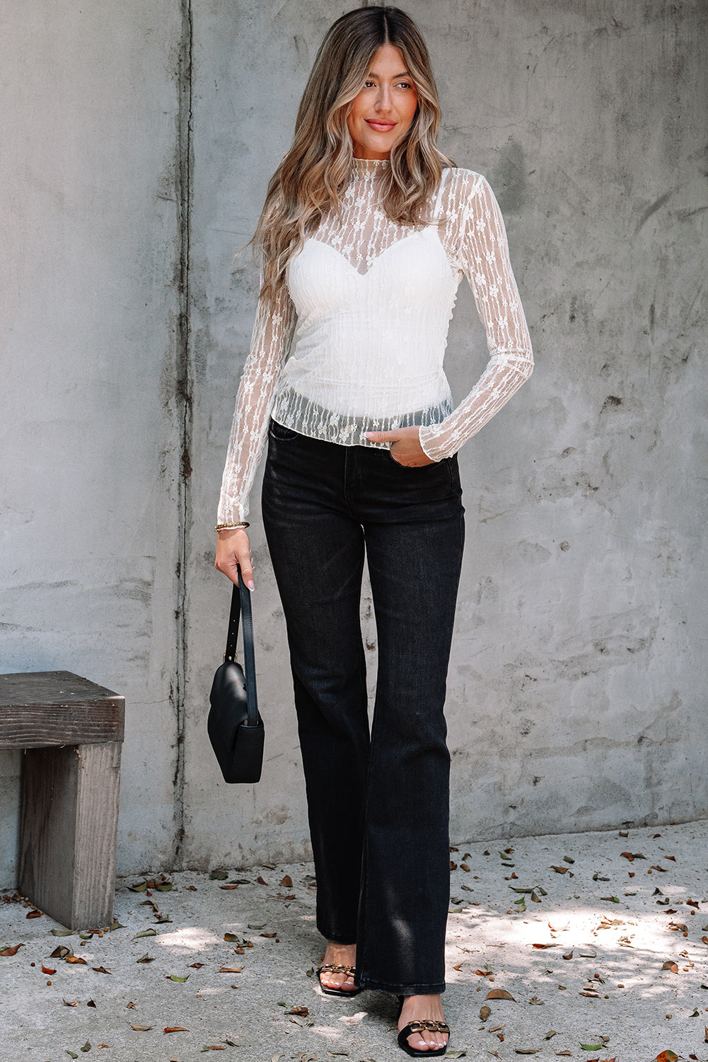 Sheer Floral Lace Long Sleeve Slim Fit Top