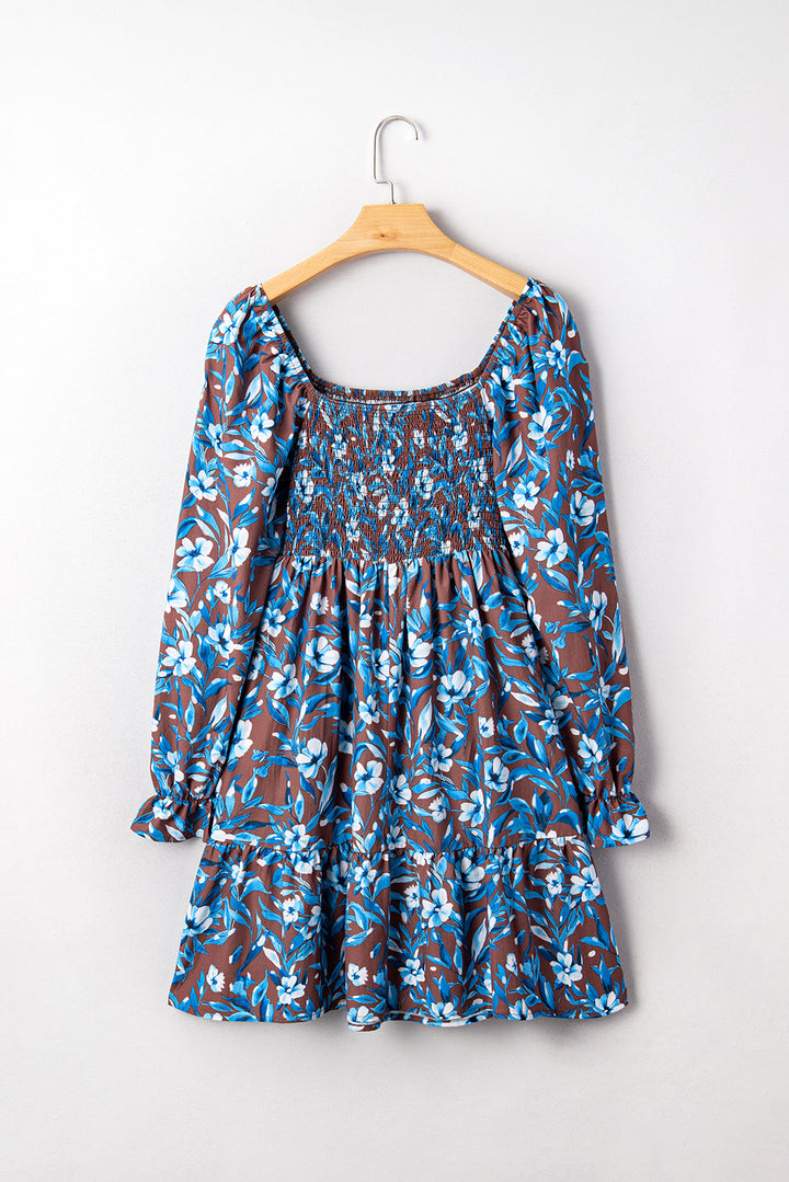 Smocked Bodice High Waist Ruffled Sleeve Floral Dress
