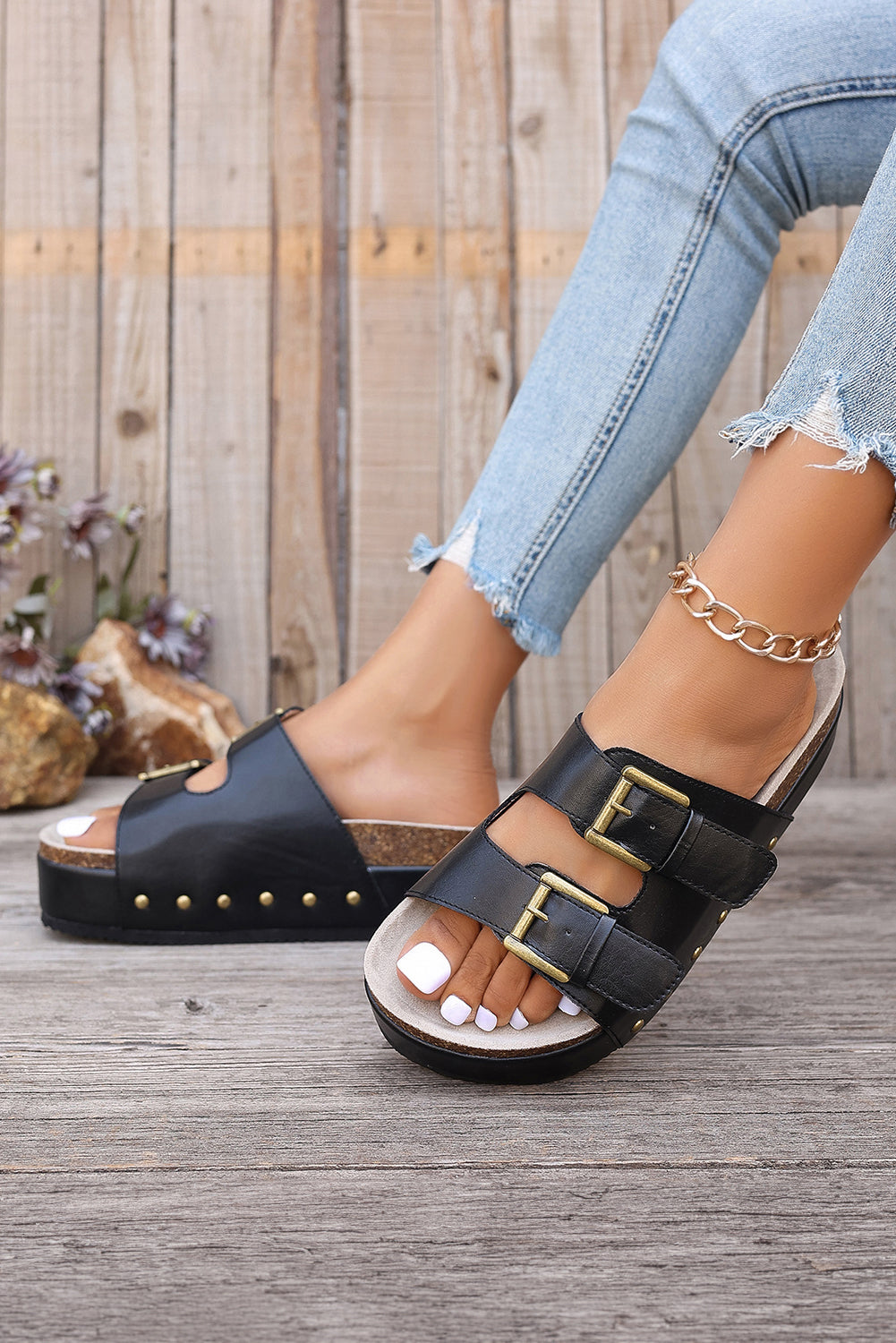 Dual Buckle Studded Platform Sandal Slippers