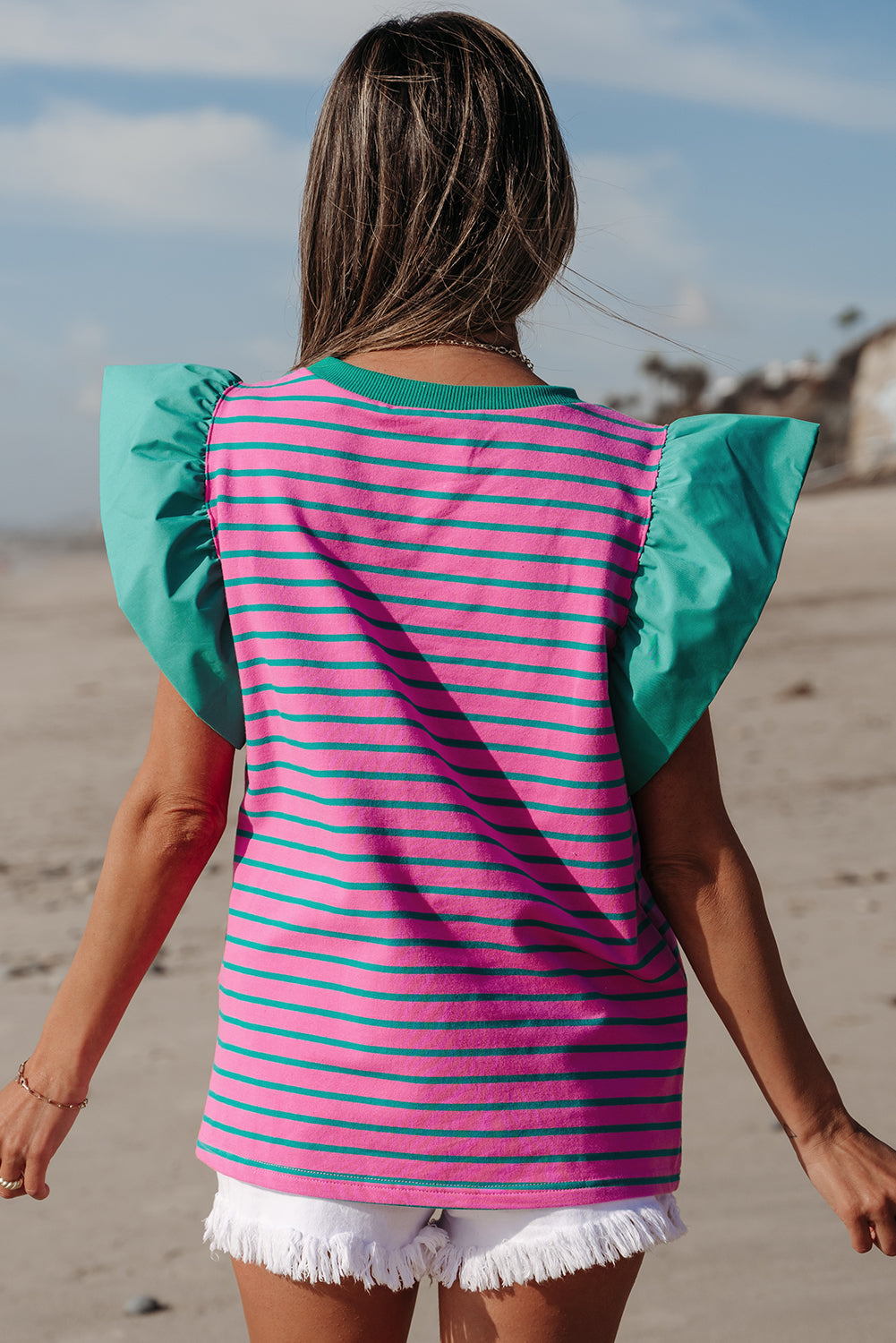 Colorblock Ruffled Sleeve Crew Neck Blouse